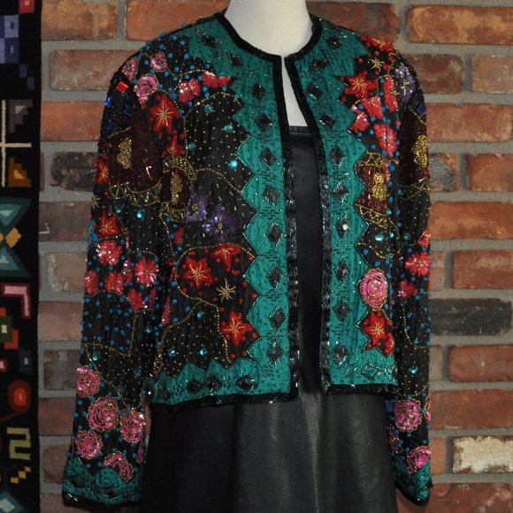 Vtg Frank Usher Heavily Beaded Sequin Silk Multicolor Floral Matador Jacket S - Picture 9 of 10